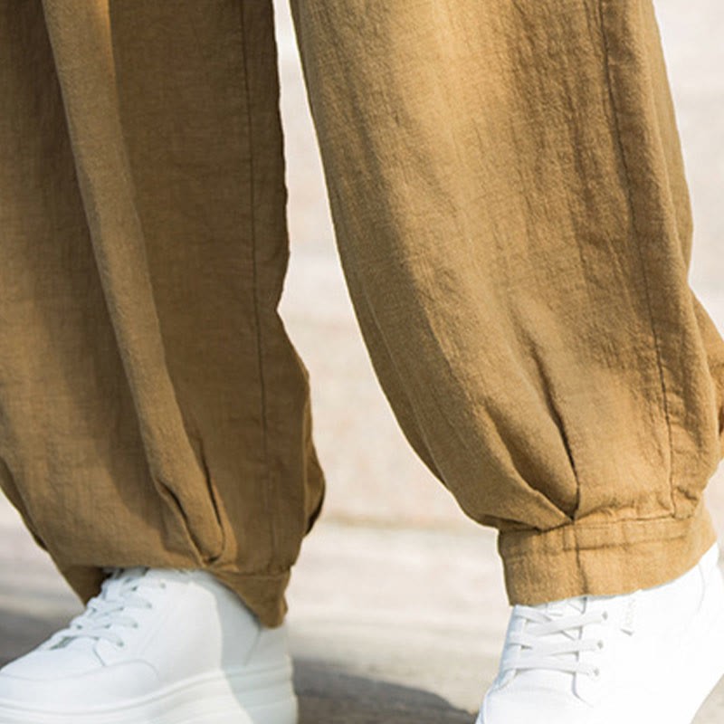 Casual Plain Loose Waist Tie Rope Women's Ramie Cotton Pants With Pockets