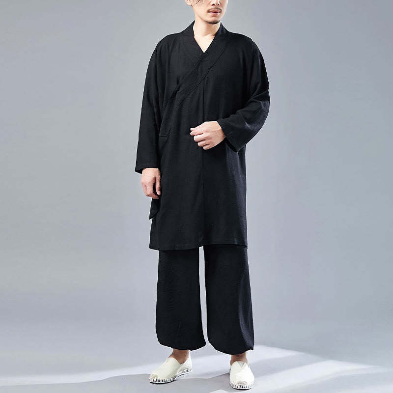 2Pcs V-Neck Men's Long Sleeve Shirt Top Pants Meditation Zen Tai Chi Cotton Linen Clothing Set