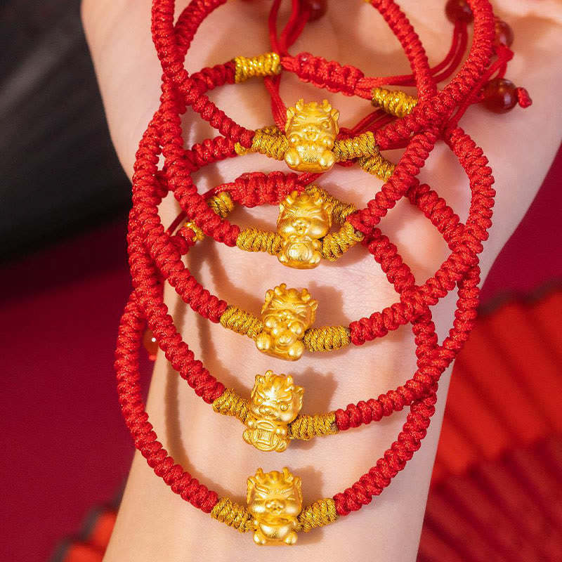 999 Sterling Silver Year of the Dragon Copper Coin Fortune Dragon Fu Character Luck Handcrafted Red String Braided Bracelet