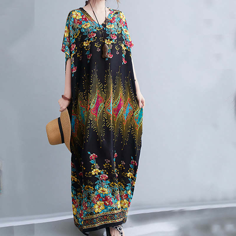 Casual Loose Printing Flower Pattern V-Neck Half Sleeve Design Polyester Midi Dress With Pockets