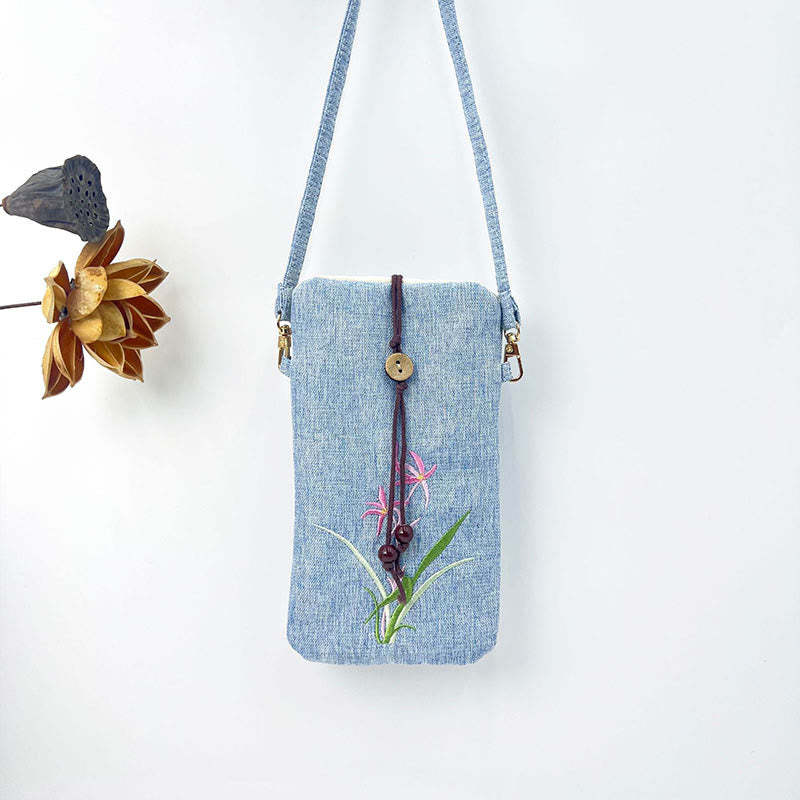 Small Embroidered Flowers Crossbody Bag Shoulder Bag Cellphone Bag 11*20cm