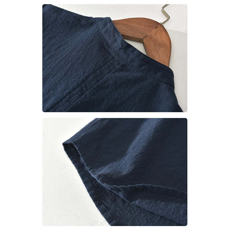 Solid Color Short Sleeve Half Button Shirt Cotton Linen Men Clothing