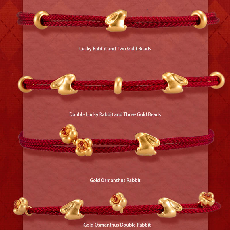 999 Gold Small Lucky Rabbit Osmanthus Design Handmade Luck?Braided Rope Bracelet