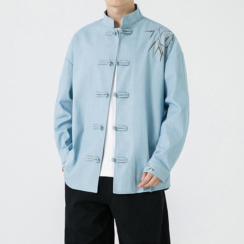 Bamboo Leaves Design Frog-button Tang Suit Cotton Men's Jacket Shirt