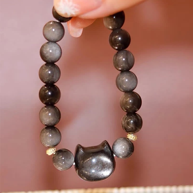 Gold Sheen Obsidian Silver Sheen Obsidian Lovely Paw Lucky Cat Protection Bracelet