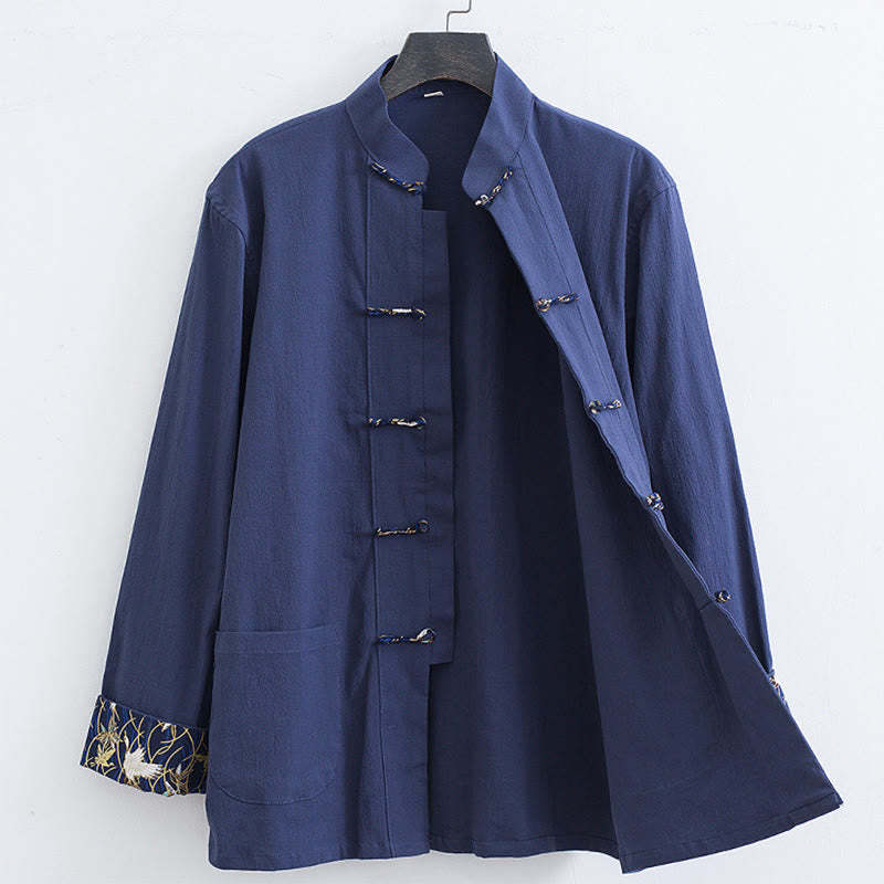 Men's Frog-Button Tang Suit Cotton White Crane Embroidery Jacket Shirt With Pockets