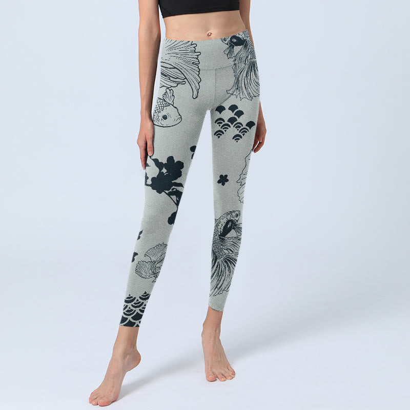 Gray Koi Fish Floral Waves Print Gym Leggings Women's Yoga Pants