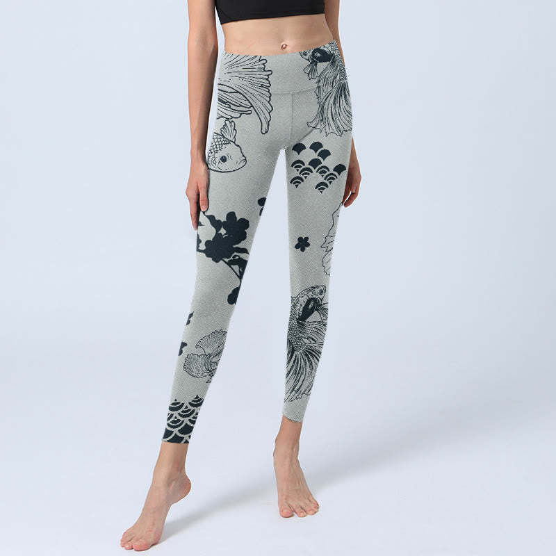 Gray Koi Fish Floral Waves Print Gym Leggings Women's Yoga Pants