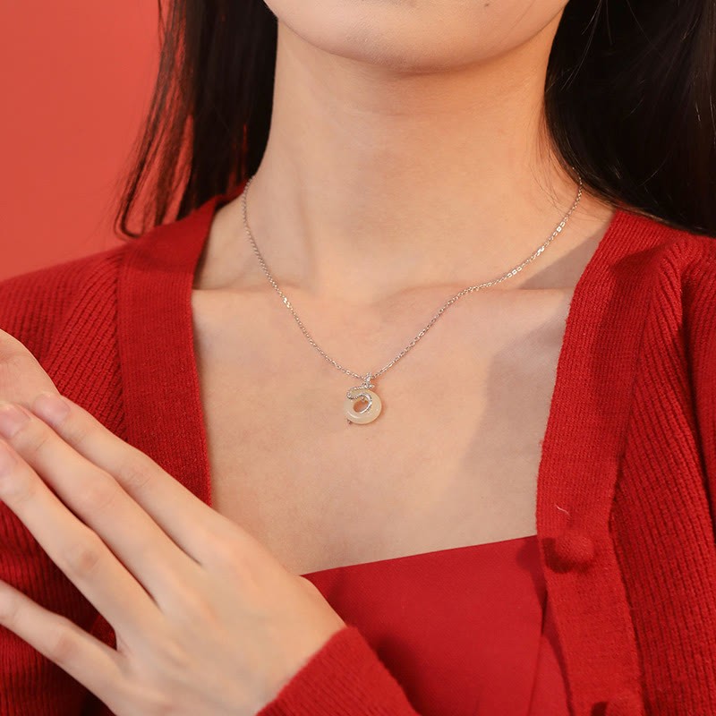 Natural Hetian Jade Peace Buckle 925 Sterling Silver Year Of The Snake Luck Necklace Pendant