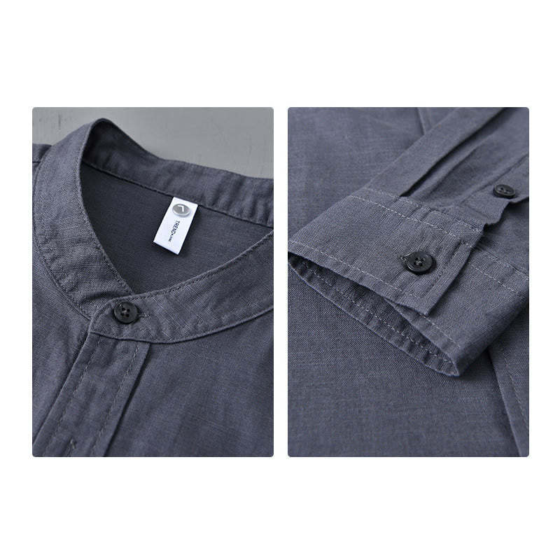 Men's Long Sleeve Stand Collar With Pocket Pure Color Casual Cotton Linen Shirt