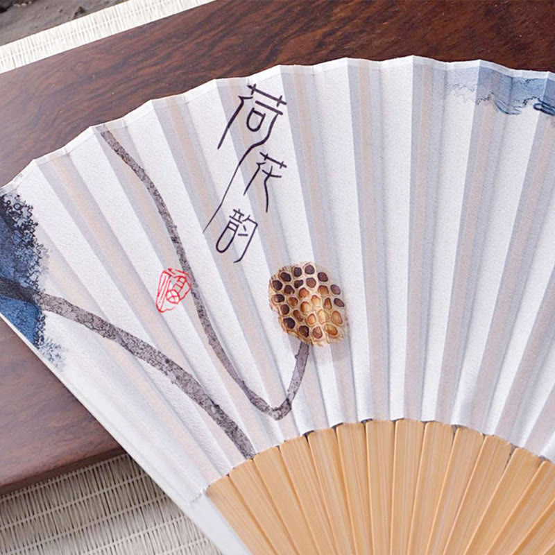 Chinese Characters Ink Painting Lotus Flower Leaf Landscape Handheld Huayao Crepe Polyester Bamboo Folding Fan 23.3cm