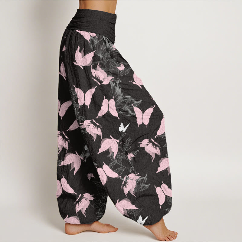 Casual Flying Butterfly Leaf Pattern Women's Elastic Waist Harem Pants
