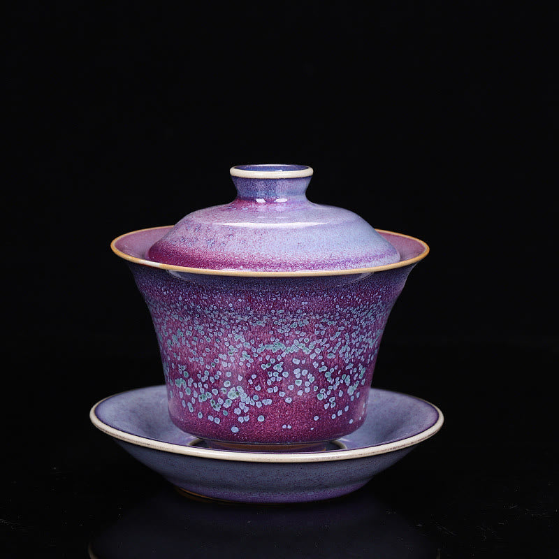 Retro Glaze Kiln Change Ceramic Gaiwan Sancai Teacup Kung Fu Tea Cup And Saucer With Lid