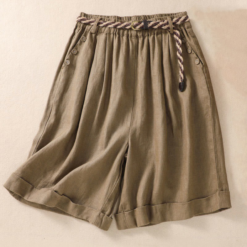 Casual Solid Color Turn Up Cuff Belt Cotton Linen Women's Shorts With Pockets