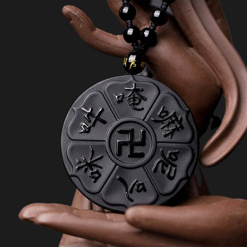 Natural Black Obsidian Tibetan Om Mani Padme Hum mystic zen Swastika Luck Necklace Pendant