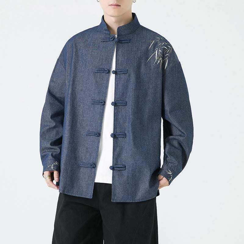 Bamboo Leaves Design Frog-button Tang Suit Cotton Men's Jacket Shirt