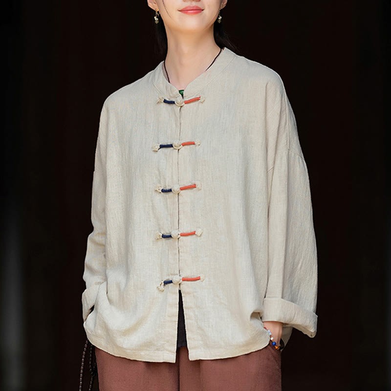 Solid Color Two-color Frog-button Long Sleeve Ramie Linen Women's Shirt
