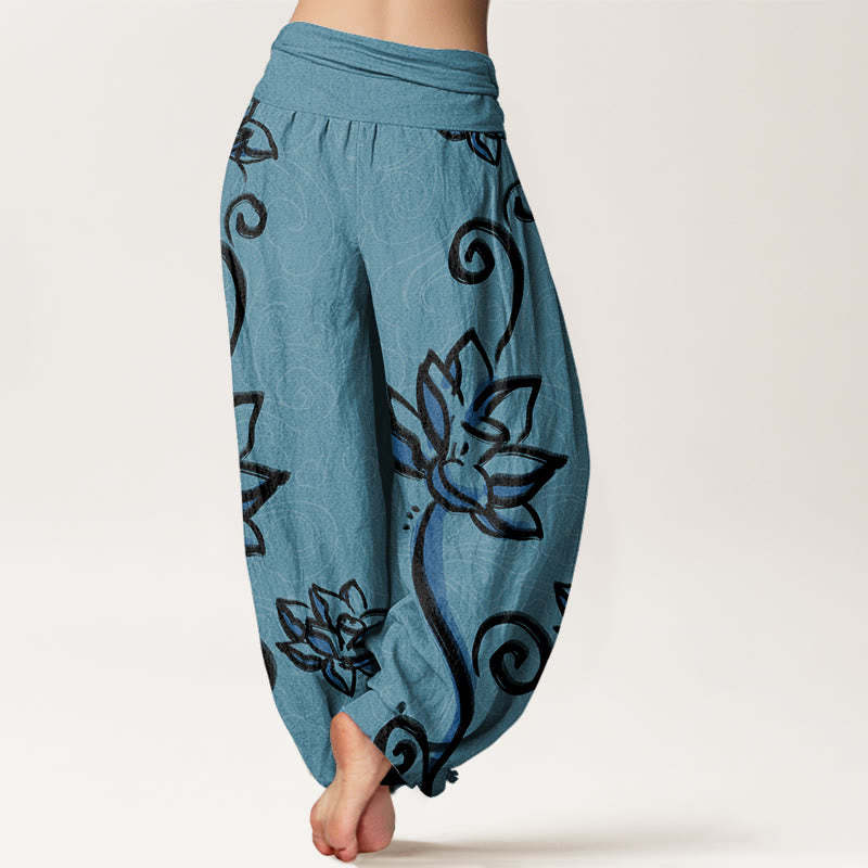 Casual Lotus Auspicious Clouds Design Women's Elastic Waist Harem Pants