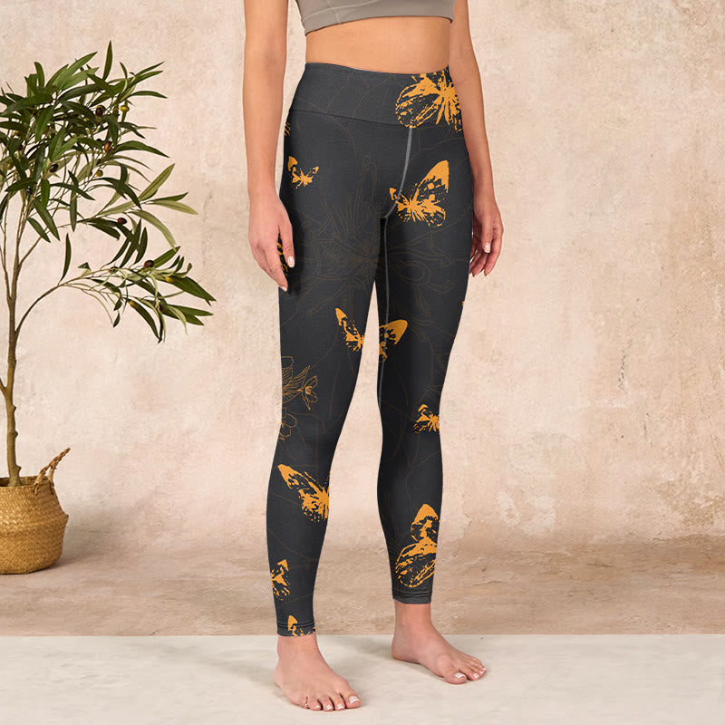 Dark Grey Butterflies Peony Flowers Print Gym Leggings Women's Yoga Pants