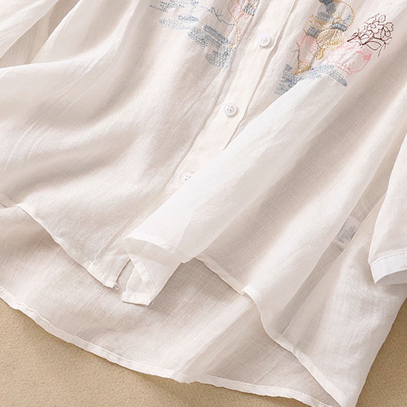 Casual Embroidered Plant Stand Collar Design Three Quarter Sleeve Women's Cotton Linen Shirt