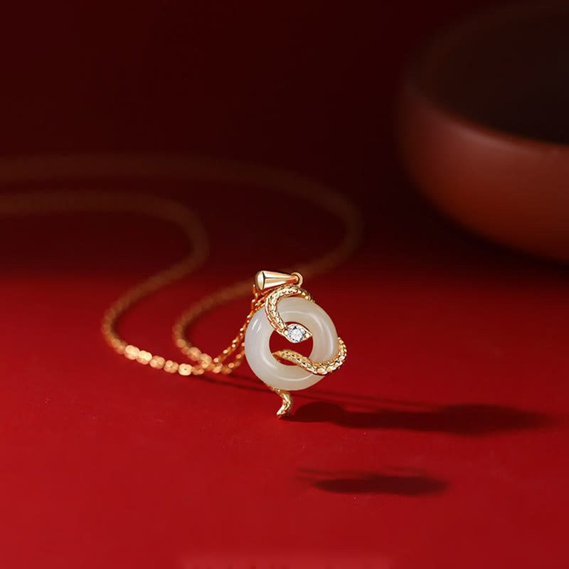 Natural Hetian Jade 925 Sterling Silver Year Of The Snake Peace Buckle Luck Necklace Pendant