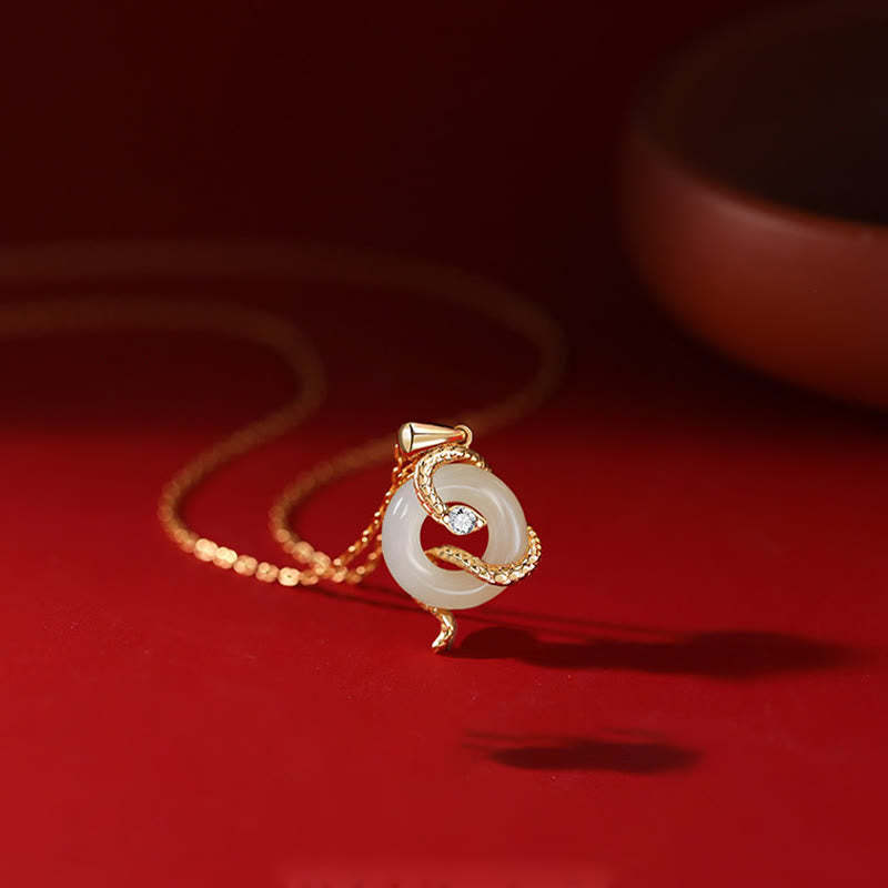Natural Hetian Jade 925 Sterling Silver Year Of The Snake Peace Buckle Luck Necklace Pendant
