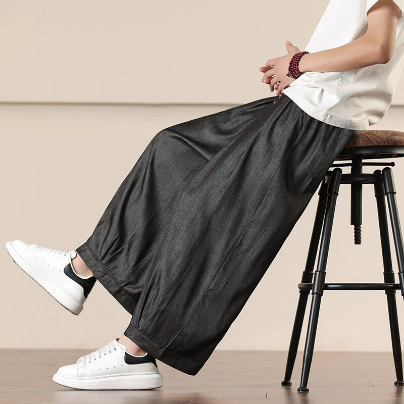 Spring Solid Color Cotton Drawstring Men's Wide Leg Pants With Pockets