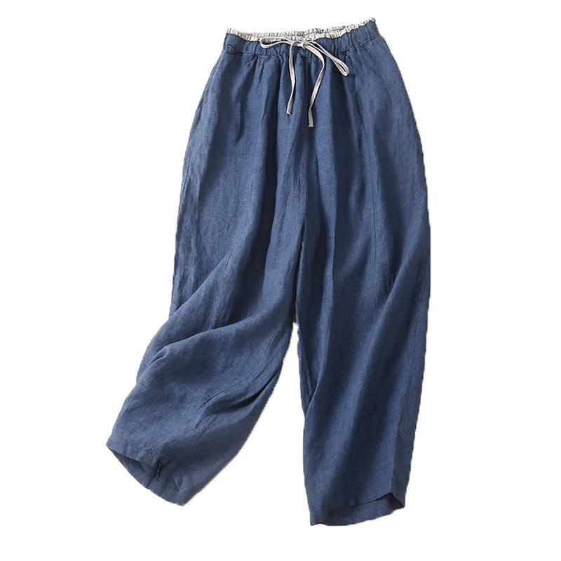 Solid Color Carrot Type Drawstring Cotton Linen Women's Pants With Pockets