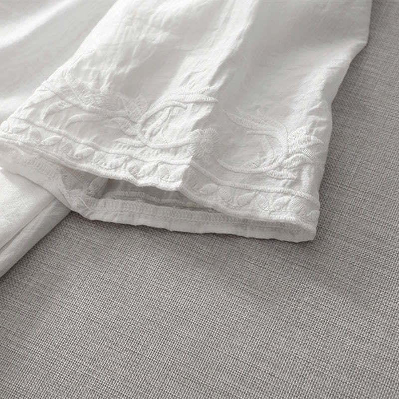 Summer White Pure Color Embroidery Leaf Flower V-Neck Short Sleeve Cotton Linen Midi Dress With Pockets