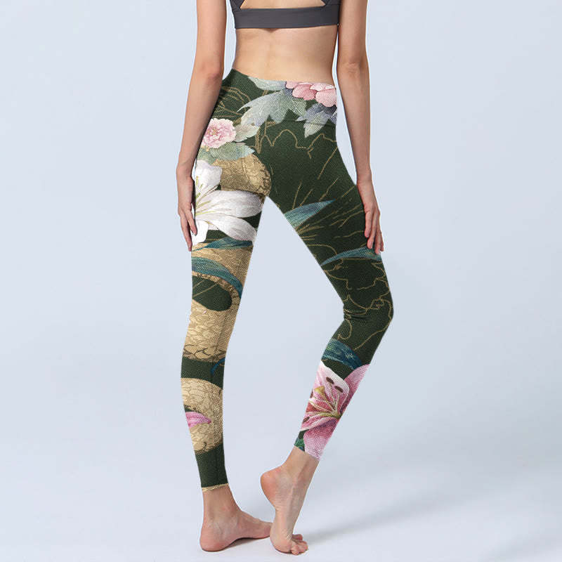 Green Golden Snake Lily Peony Flowers Print Gym Leggings Women's Yoga Pants