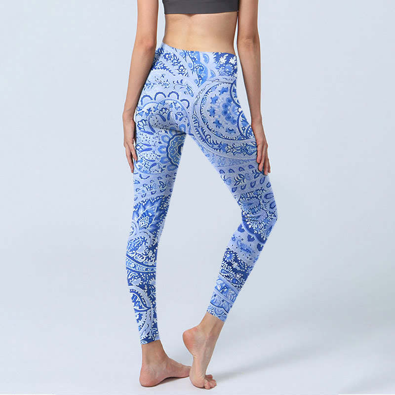 Persian Style RoyalBlue White Flowers Pattern Print Exercise Leggings Women's Yoga Pants