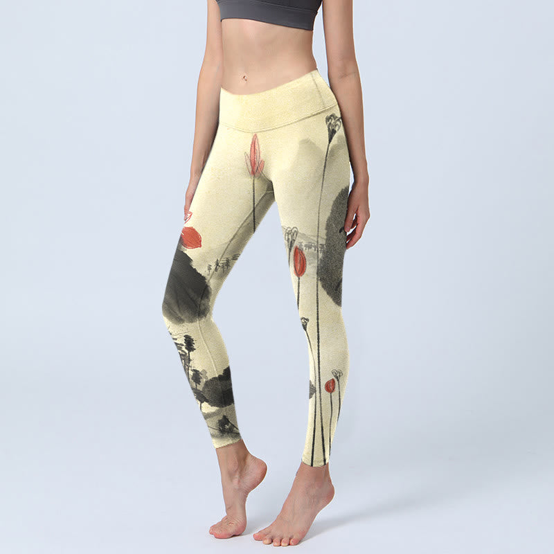 Lotus Mountains House Print Gym Leggings Women's Yoga Pants