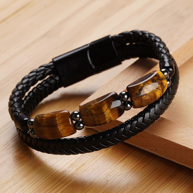 Natural Tiger Eye Protection Willpower Magnetic Buckle Leather Bracelet