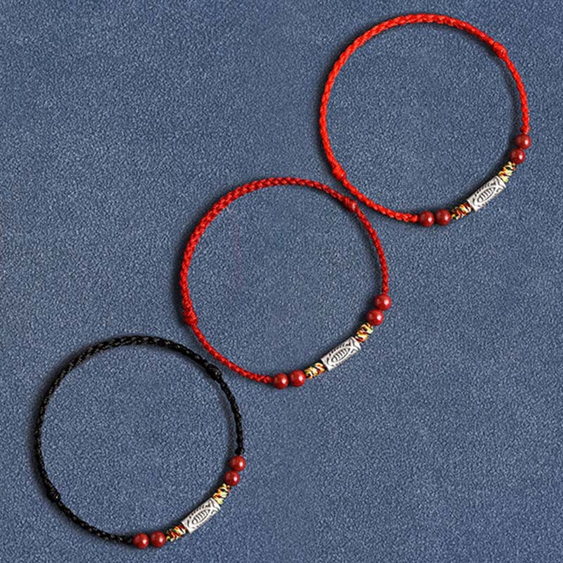 925 Sterling Silver Koi Fish Cinnabar Bead Wealth Handcrafted Braided Bracelet Anklet
