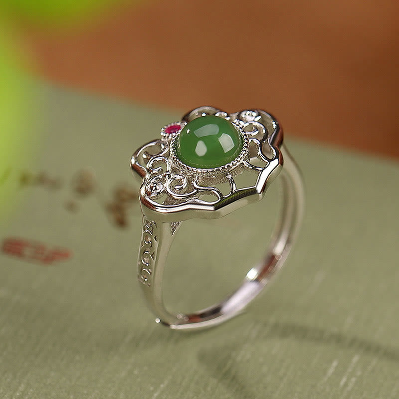 925 Sterling Silver Natural Hetian Cyan Jade Hollow Design Luck Ring Earrings Set