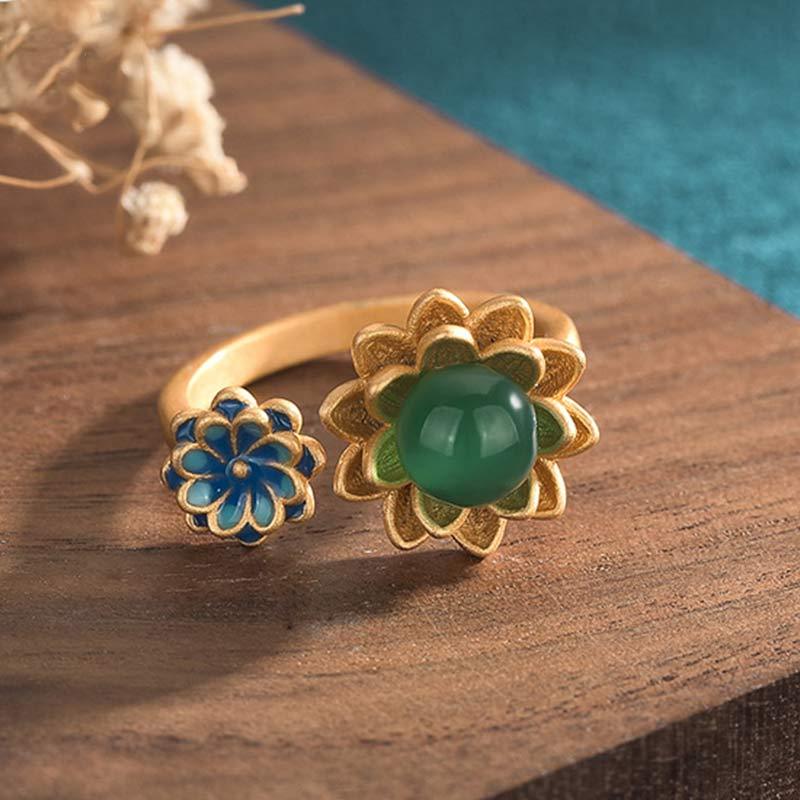 Lotus Pattern Jade Abundance Adjustable Ring