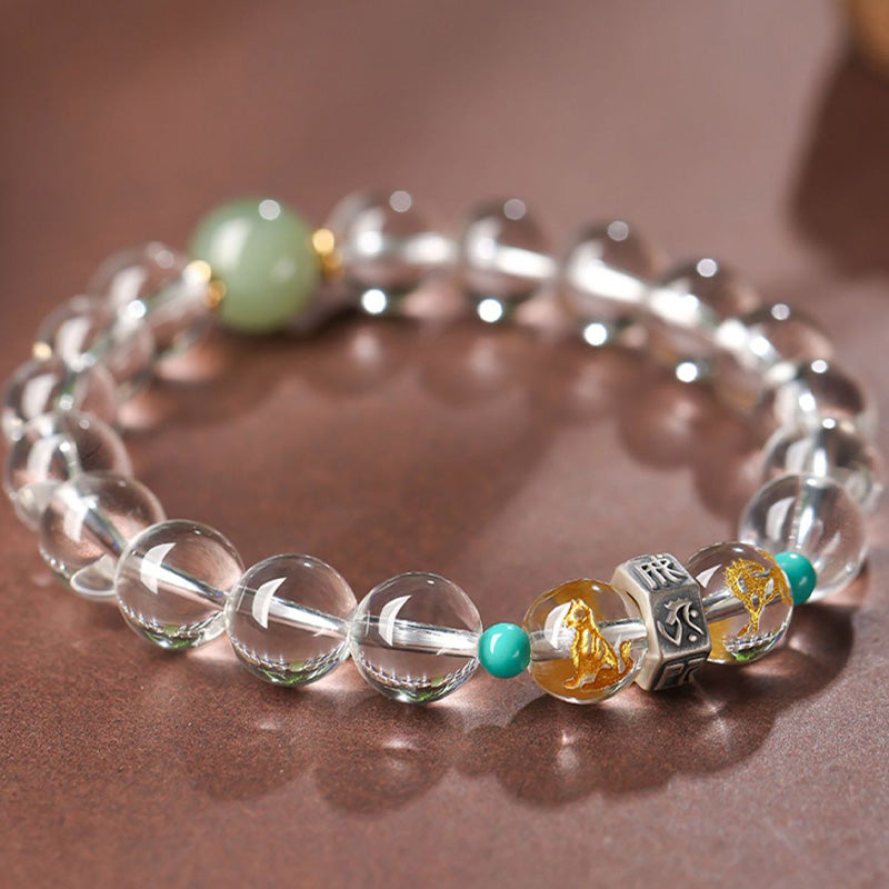 925 Sterling Silver Chinese Zodiac Natal mystic zen Auspicious Groups White Crystal Hetian Jade Healing Bracelet