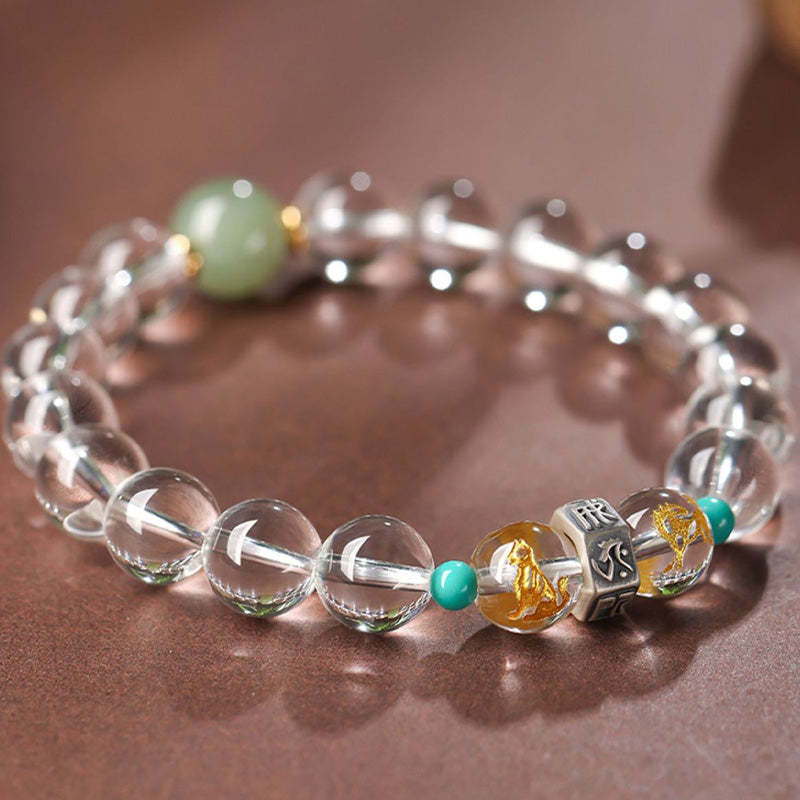 925 Sterling Silver Chinese Zodiac Natal mystic zen Auspicious Groups White Crystal Hetian Jade Healing Bracelet