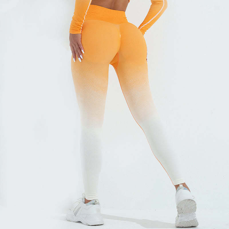 Gradient Long Sleeve Crop Top Tee Bra Leggings Pants Fitness Yoga Outfit