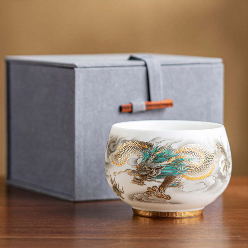 Dragon Phoenix Auspicious Clouds Ceramic Teacup Kung Fu Tea Cup With Gift Box