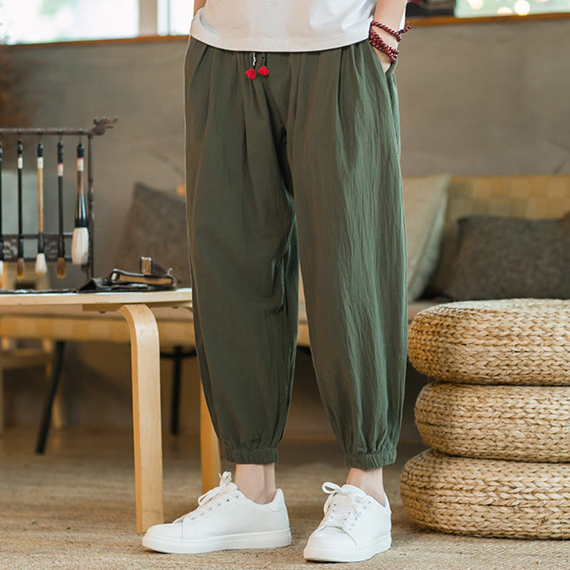 Plain Color Red Drawstring Linen Men's  Pants With Pockets