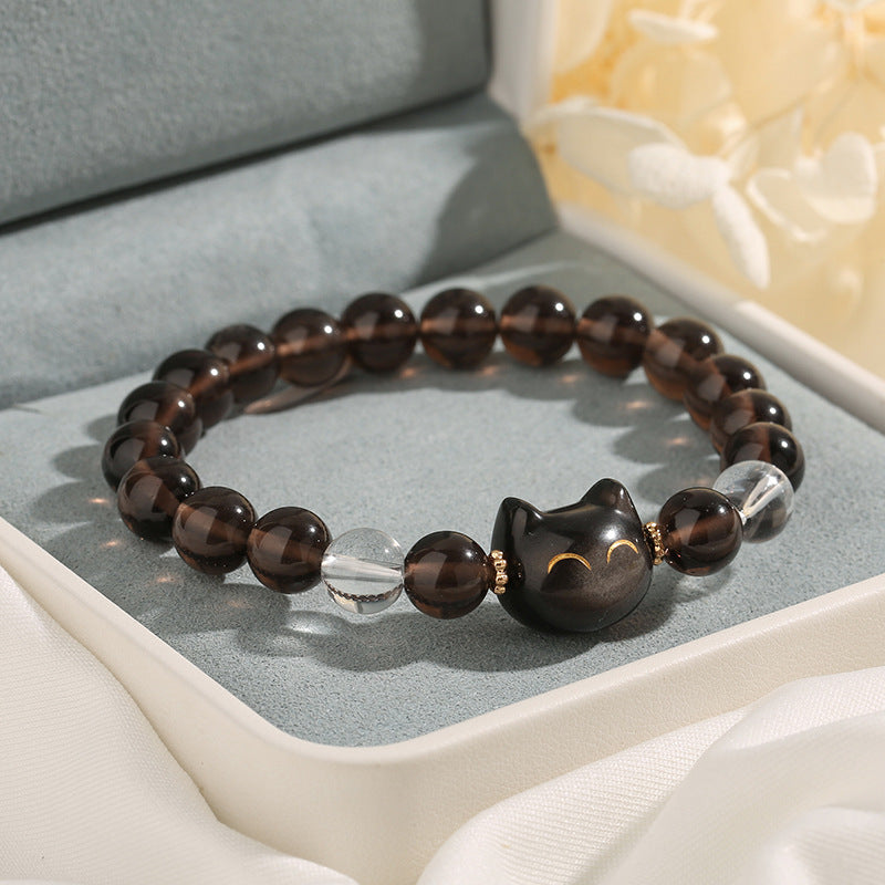 Natural Ice Obsidian Silver Sheen Obsidian Cute Cat Positive Bracelet