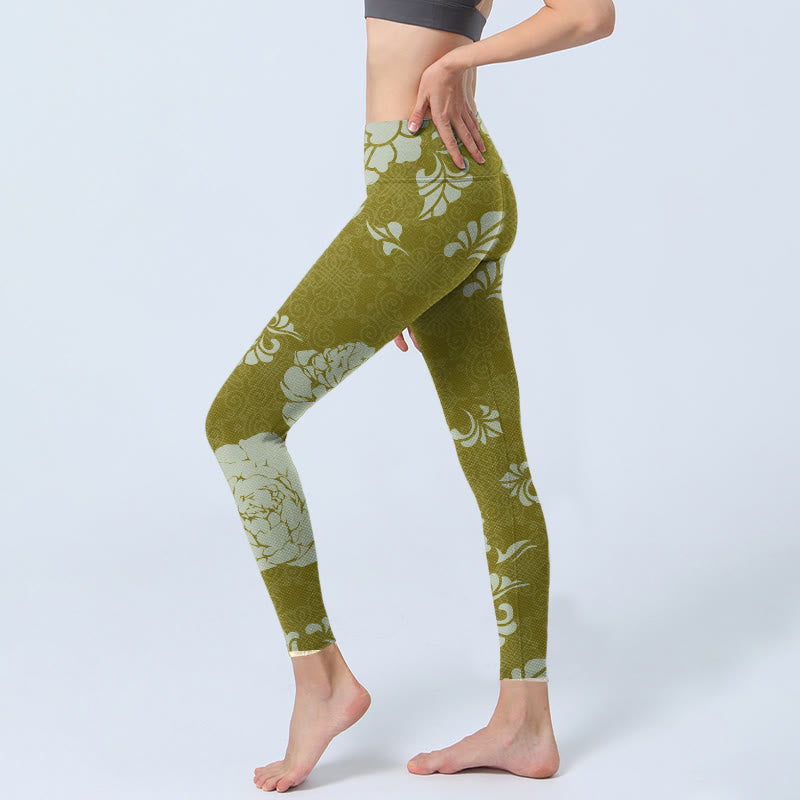 Monochrome Flowers Print Gym Leggings Women's Yoga Pants