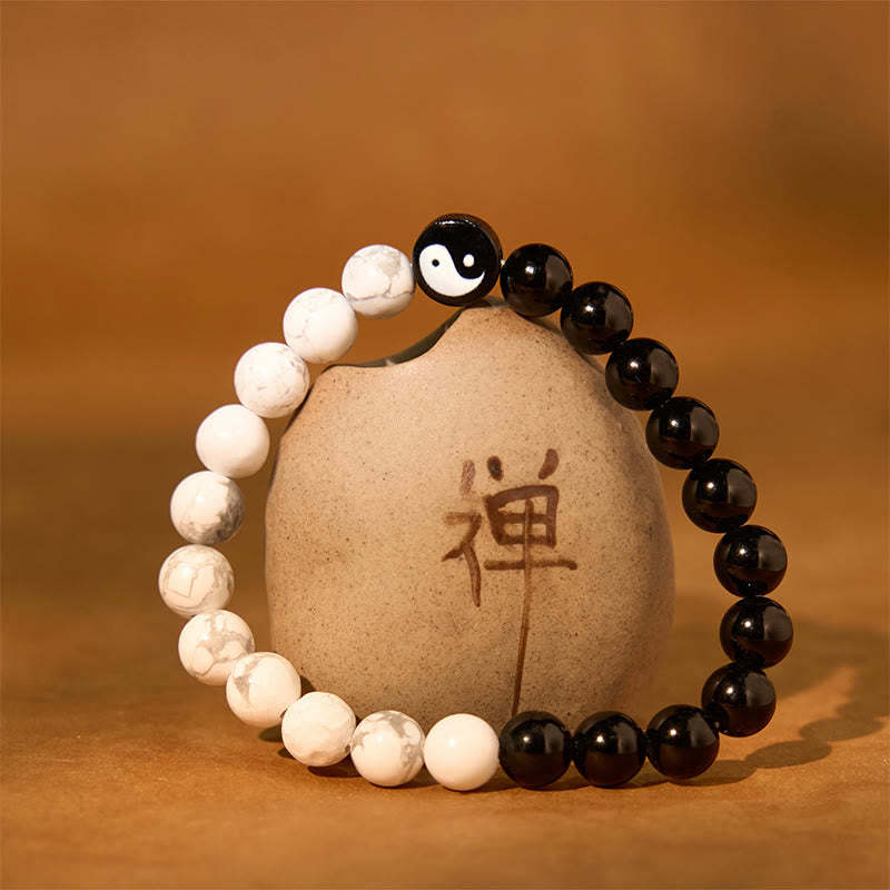 Natural Obsidian White Turquoise Yinyang Tai Chi Strength Bracelet