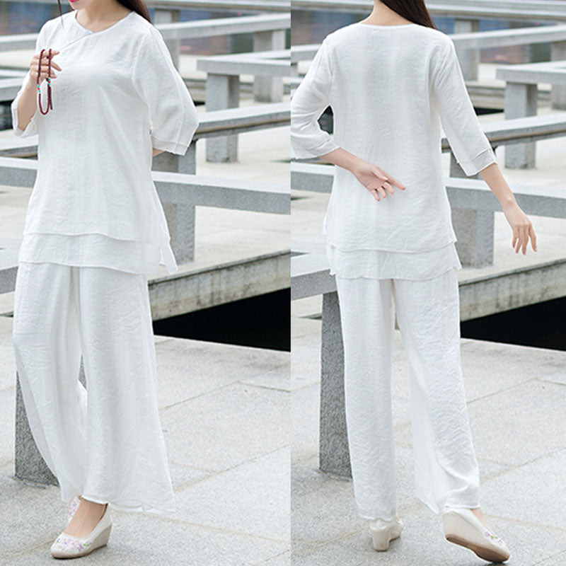 2Pcs Simple Design White Top Pants Meditation Yoga Zen Tai Chi Cotton Linen Clothing Women's Set