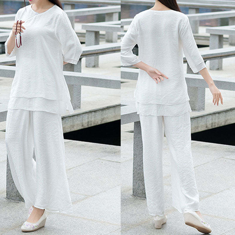 2Pcs Simple Design White Top Pants Meditation Yoga Zen Tai Chi Cotton Linen Clothing Women's Set