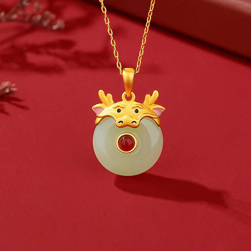 925 Sterling Silver Hetian Jade Chinese Zodiac Year of the Dragon Red Agate Luck Protection Necklace Pendant (Extra 30% Off | USE CODE: FS30)