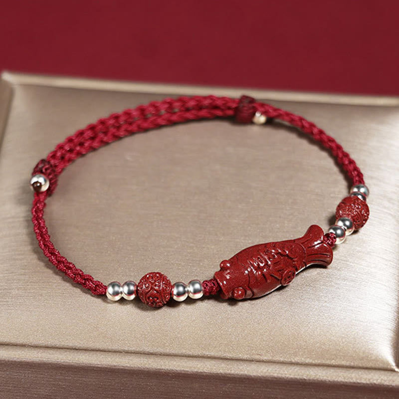 925 Sterling Silver Koi Fish Cinnabar Fu Character Copper Coin Wealth Braided Bracelet