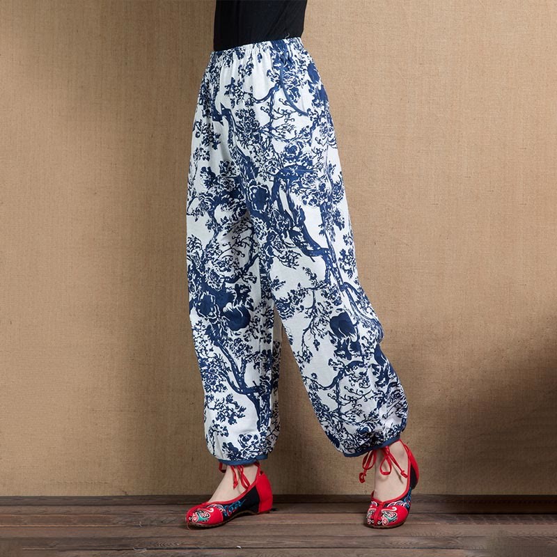 Blue Tree Flowers Print Harem Pants With Pockets