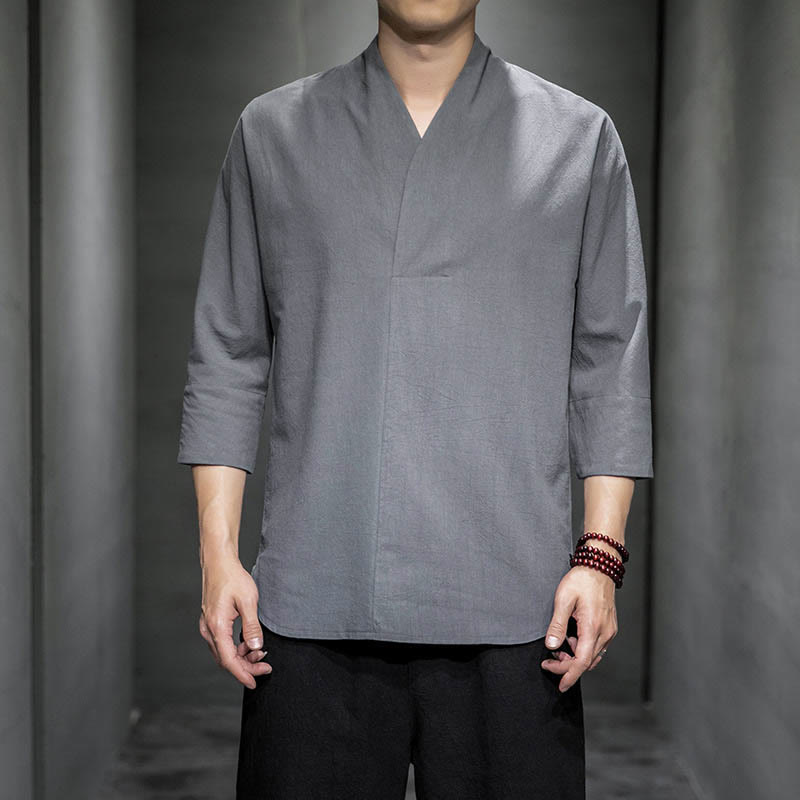 Casual V-Neck Three Quarter Sleeve Shirt Cotton Linen Men Clothing